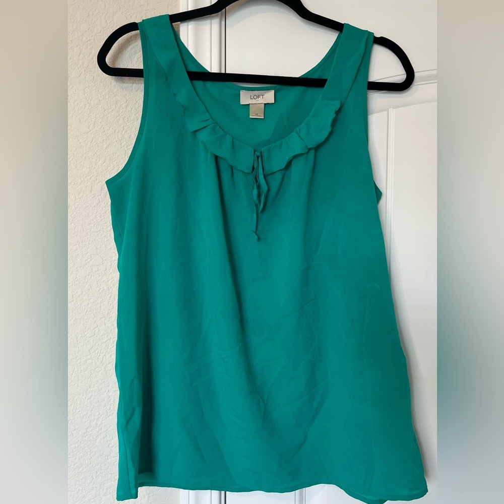 LOFT Teal Blue Ruffle Neck Tank Top